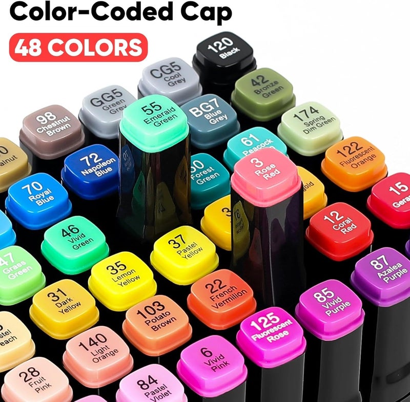 iBayam Alcohol Markers 48 Colors with Case & Holders, Dual Tips Chisel & Fine Art Markers for Adult Coloring Kids Drawing - Image 3